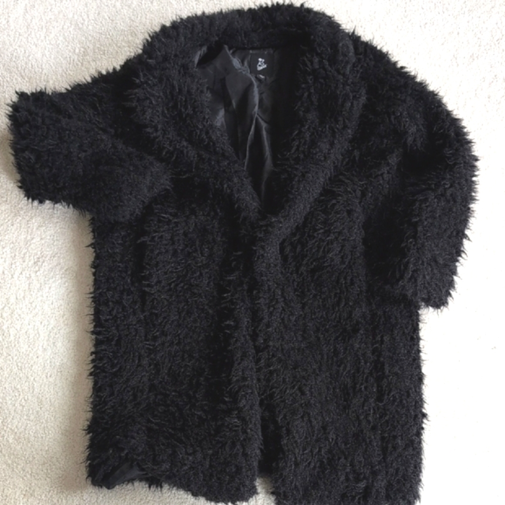 Black Teddy Faux Fur Coat, Size L 10/12